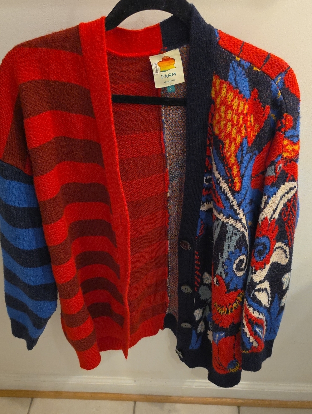 FARM Rio Red & Blue Patterned Knit Cardigan